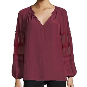 Ramy Brook Rae V-Neck Sheer Long-Sleeve Blouse Wine -Size small